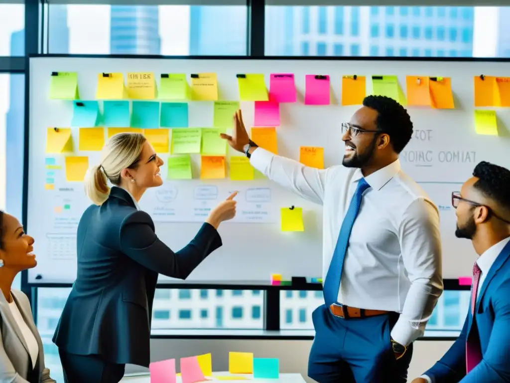 Equipo de profesionales en una reunión dinámica, rodeados de gráficos y diagramas, reflejando la filosofía del Kaizen para desarrollo