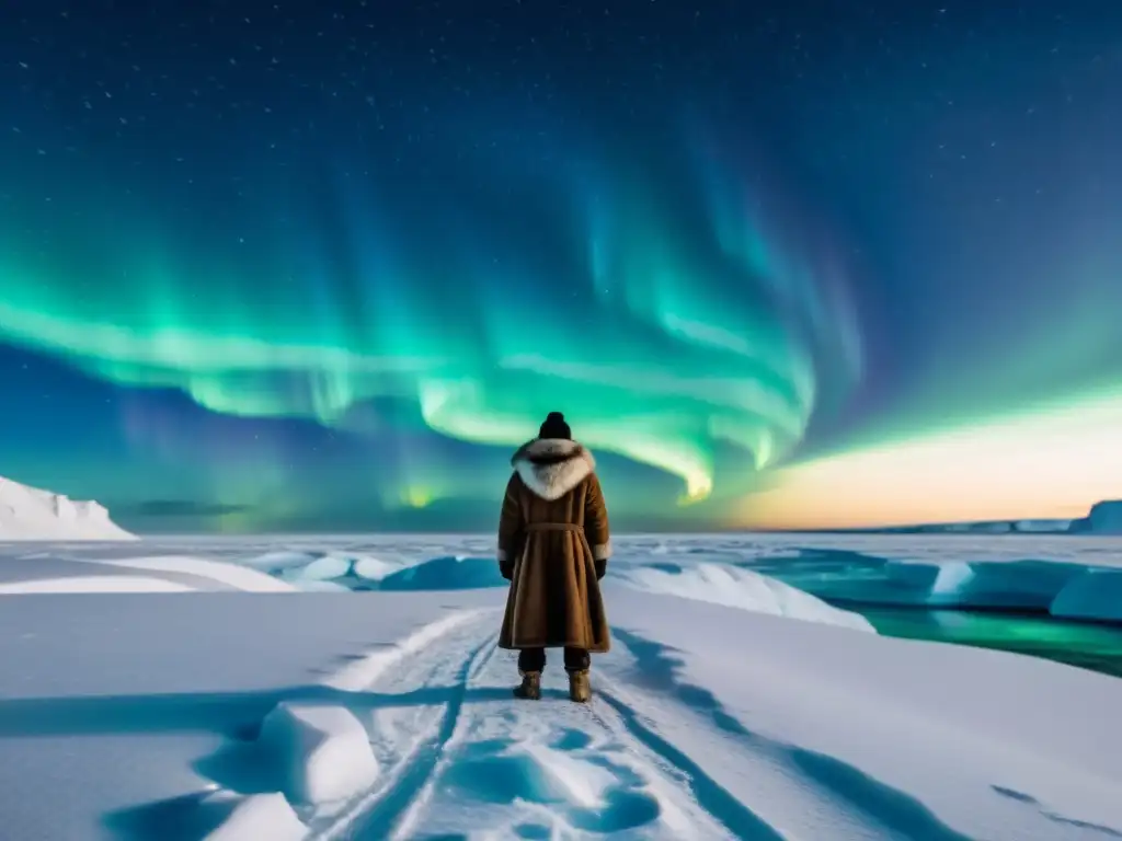 Un ermitaño del Ártico reflexiona en silencio, rodeado de la serena belleza de la tundra nevada y las luces del norte
