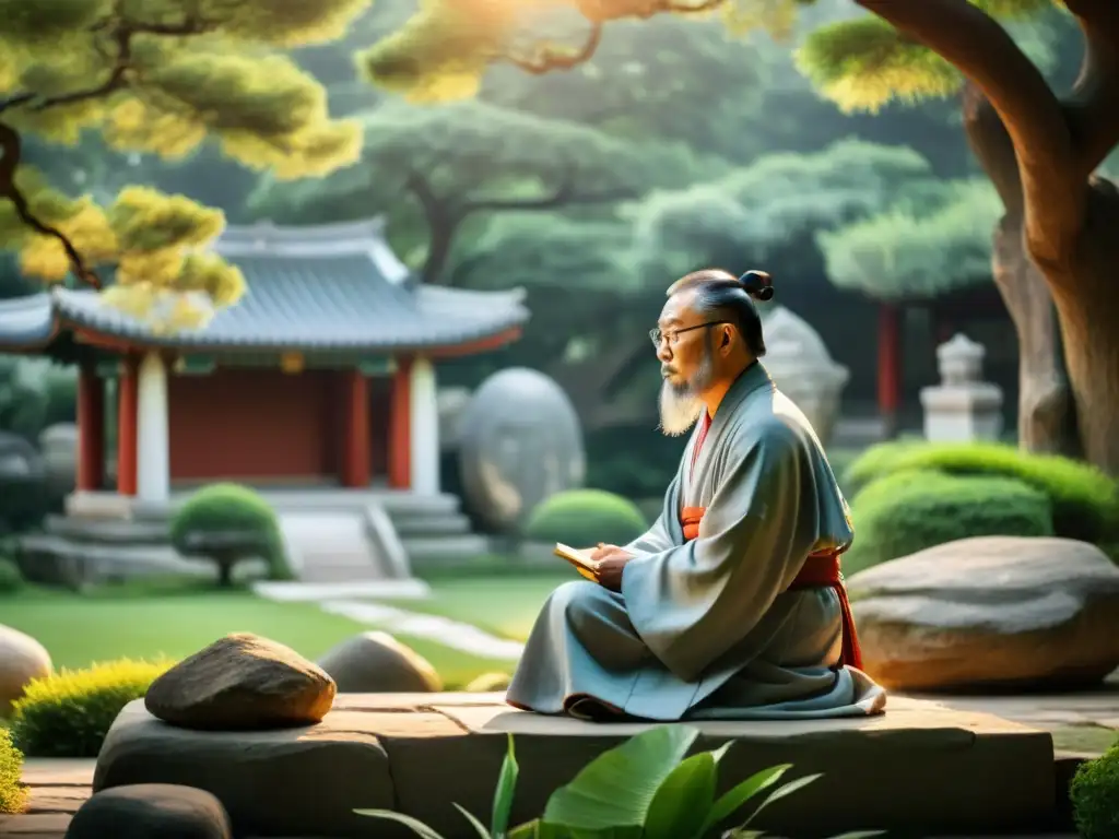 Un erudito confuciano reflexiona en un jardín sereno, rodeado de esculturas antiguas y exuberante vegetación, en una escena que captura la dimensión espiritual del Confucianismo
