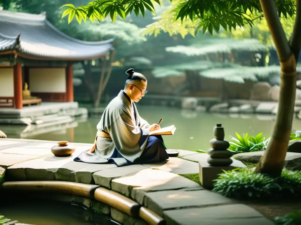 Un erudito confuciano reflexiona en un jardín tranquilo sobre la relación individuo-sociedad, evocando sabiduría y reflexión filosófica