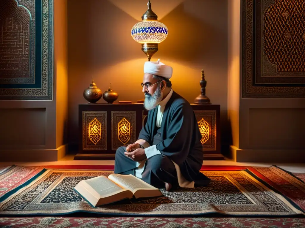 Un erudito islámico inmerso en la contemplación, rodeado de antiguos textos y luz suave, en un estudio decorado con caligrafía árabe