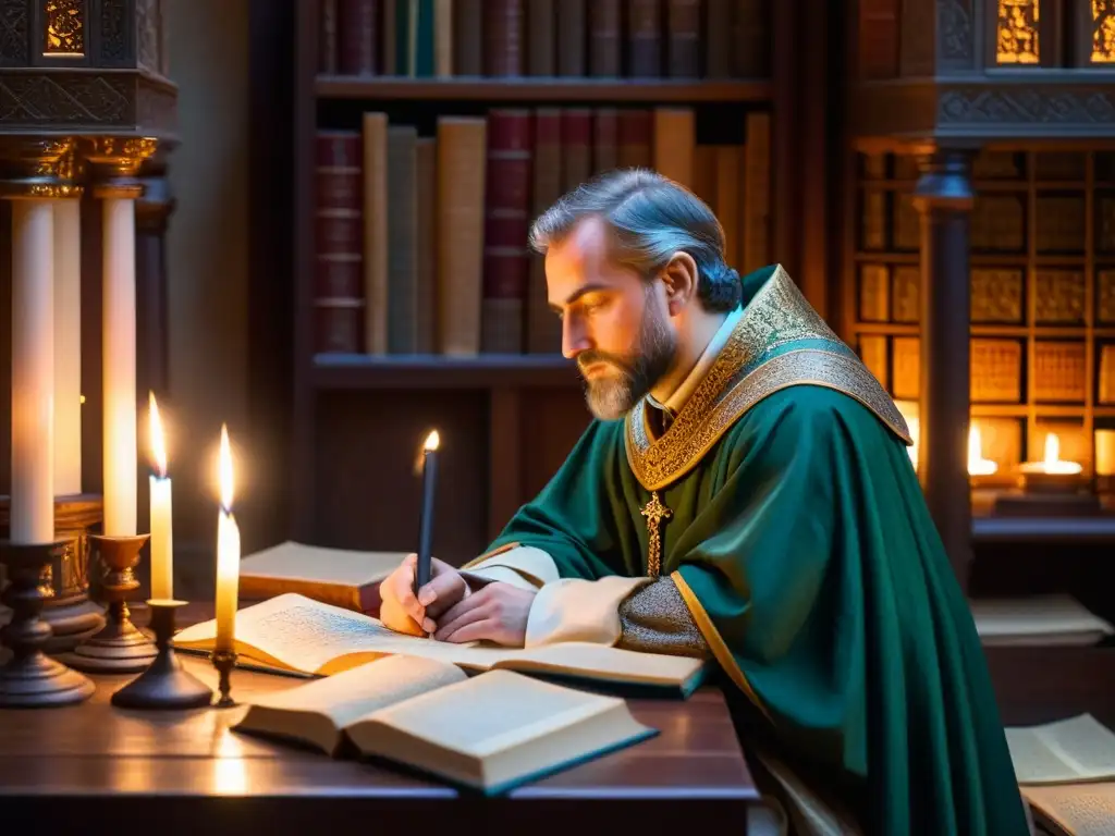 Un erudito medieval inmerso en el estudio rodeado de antiguos textos iluminado por velas
