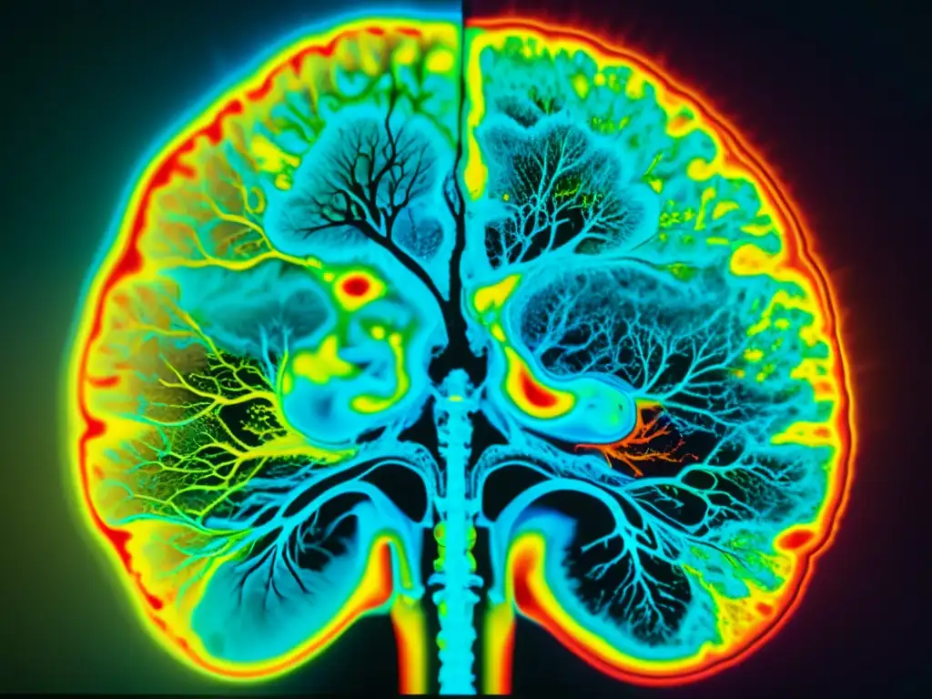 Escaneo cerebral fMRI detallado en 8k de una persona meditando, mostrando cambios cerebrales práctica meditación neurociencia