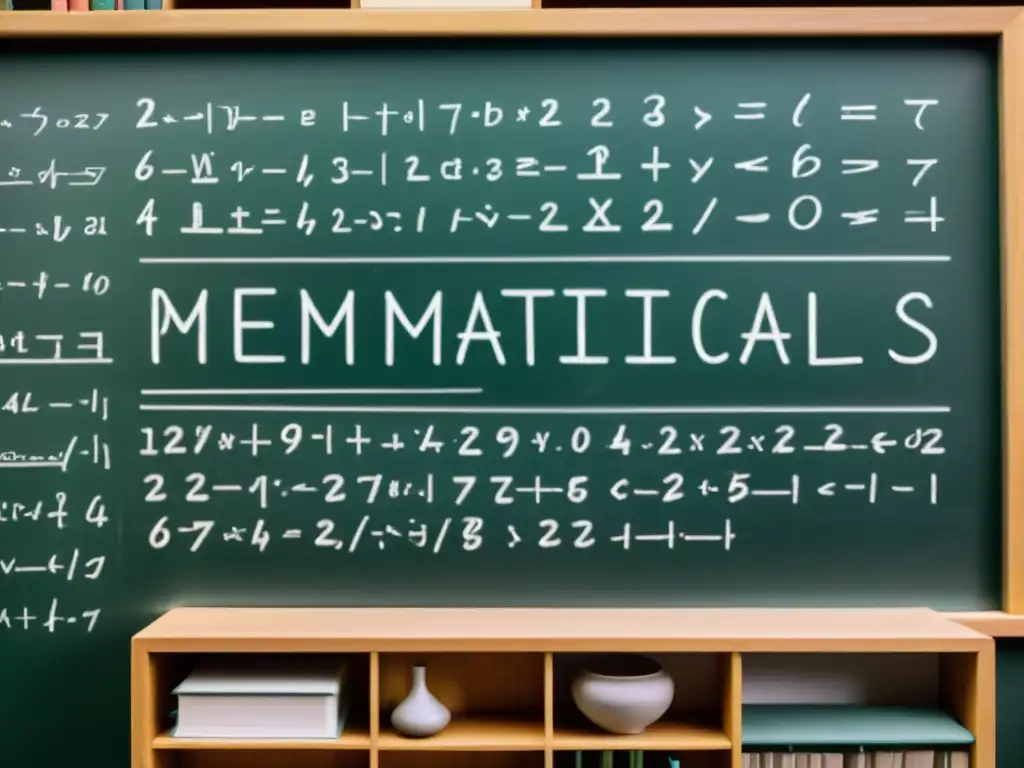 Escena académica con crítica a los fundamentos matemáticos del siglo XX: pizarrón lleno de ecuaciones, libros y matemáticos debatiendo