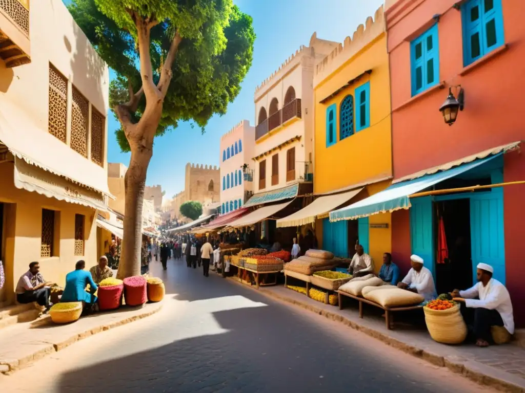 Escena animada de una bulliciosa ciudad del norte de África, con edificios tradicionales coloridos, callejones estrechos y gente realizando actividades diarias