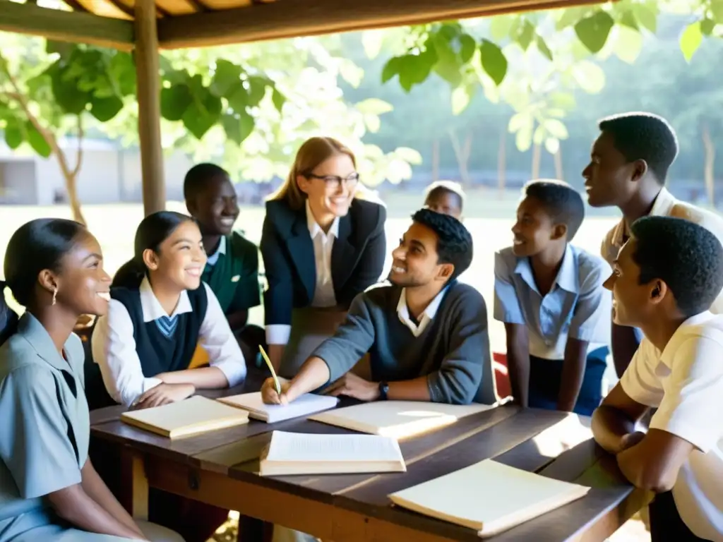 Una escena en blanco y negro muestra a estudiantes y su maestro en un aula al aire libre, inmersos en una discusión apasionada
