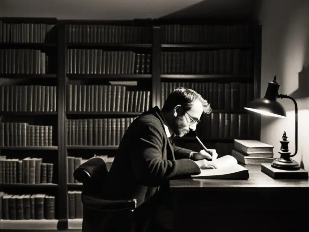 Escena en blanco y negro de un estudio del siglo XIX, con libros encuadernados en cuero y una lámpara de gas titilante que proyecta largas sombras