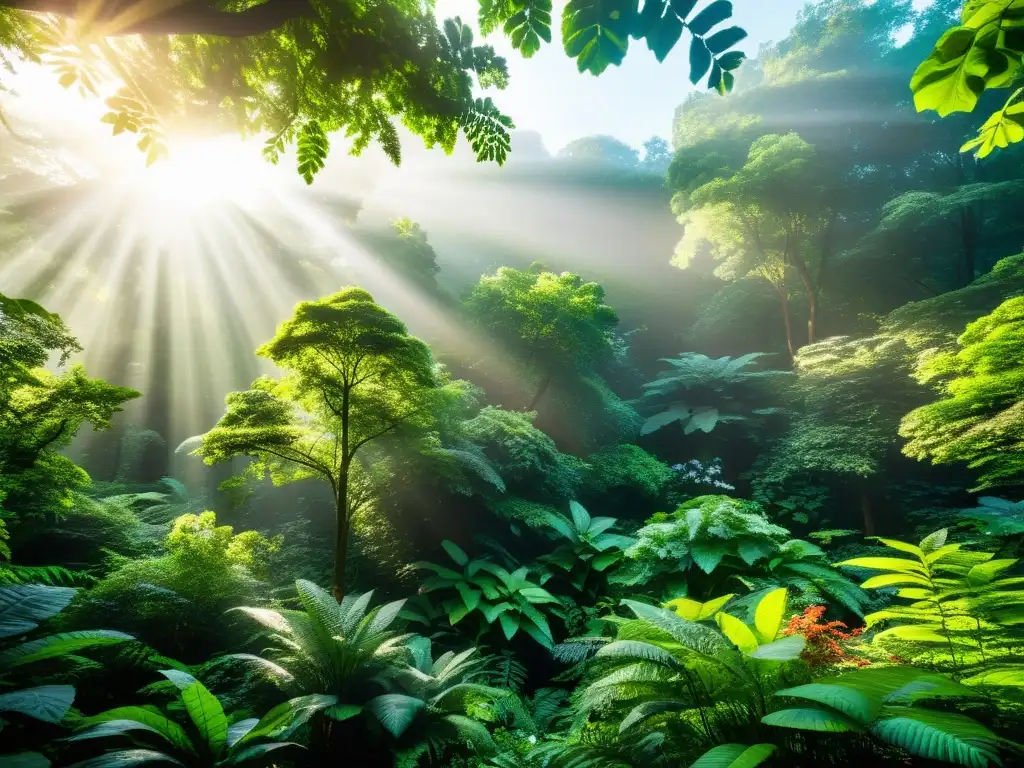 Escena de bosque exuberante y vibrante con luz solar filtrándose a través del dosel, resaltando los detalles de hojas, flores y vida silvestre