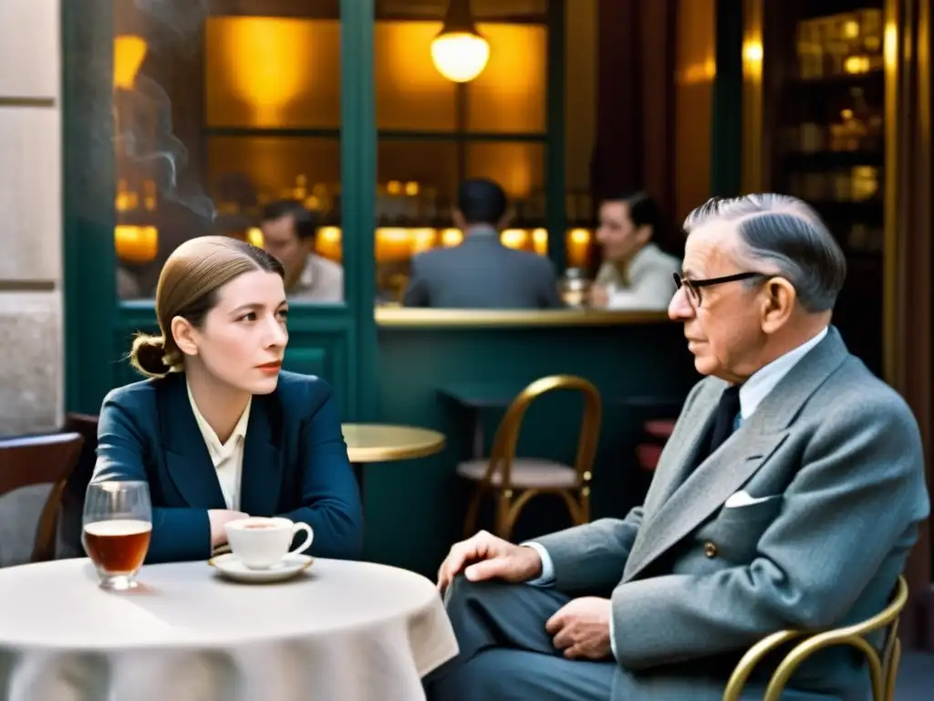 Escena de café parisino con intelectuales discutiendo apasionadamente, humo de cigarrillos y luz dorada del atardecer