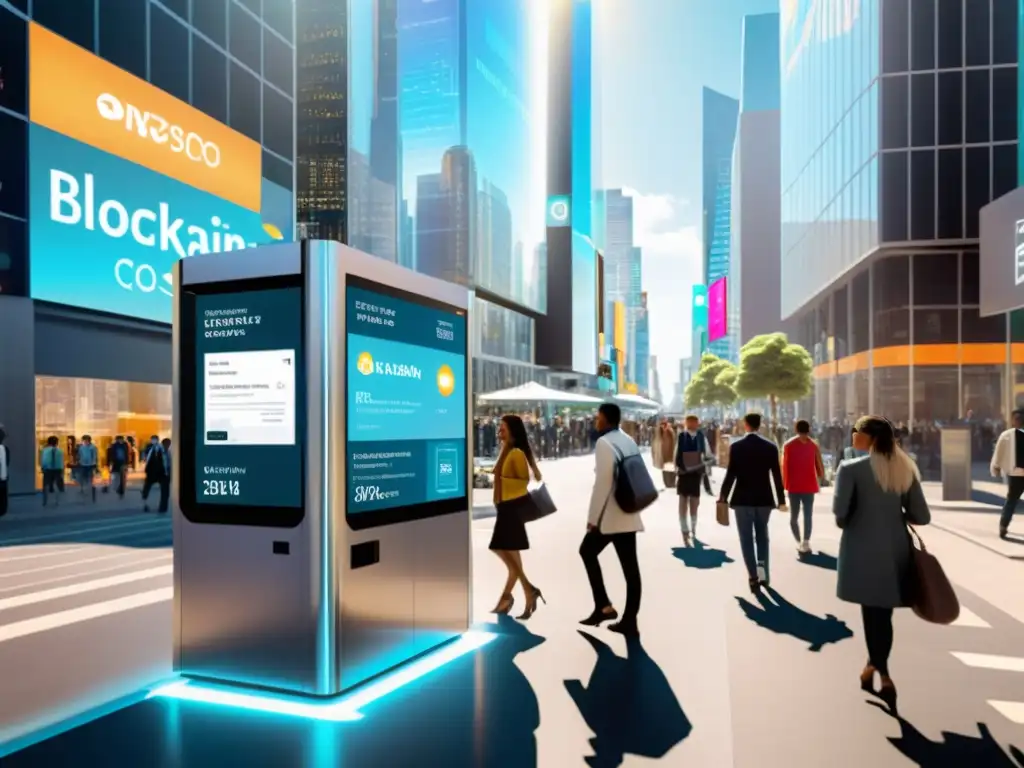 Escena callejera de ciudad futurista con blockchain como base sociedad sin confianza, kioscos y hologramas representativos