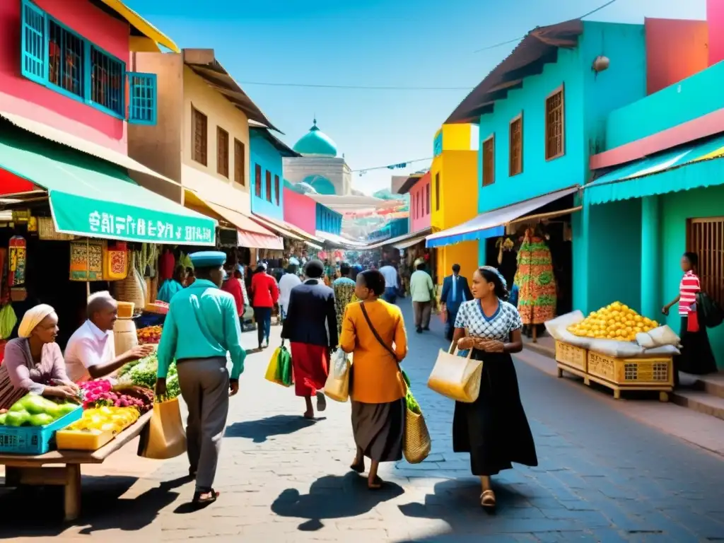 Una escena callejera vibrante y bulliciosa en una ciudad postcolonial, con edificios tradicionales coloridos y personas realizando actividades diarias