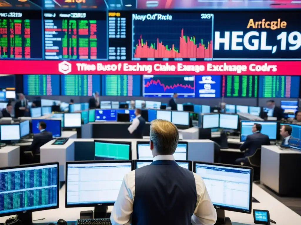 Escena caótica y organizada de la bolsa de valores, con traders y pantallas de datos financieros en vivo