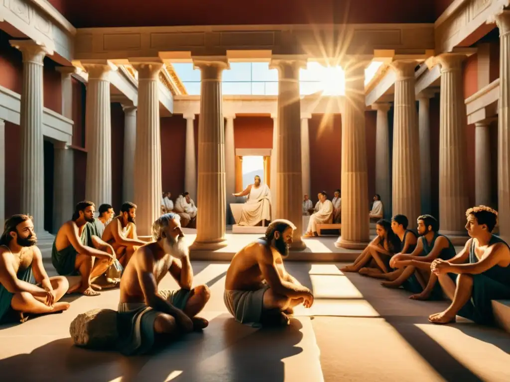 Una escena 8k detallada de Platón y sus estudiantes en la Academia, inmersa en una cálida luz solar