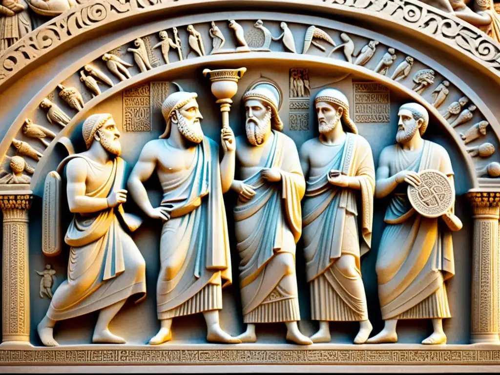 Escena detallada de filósofos megáricos debatiendo en un bullicioso mercado griego