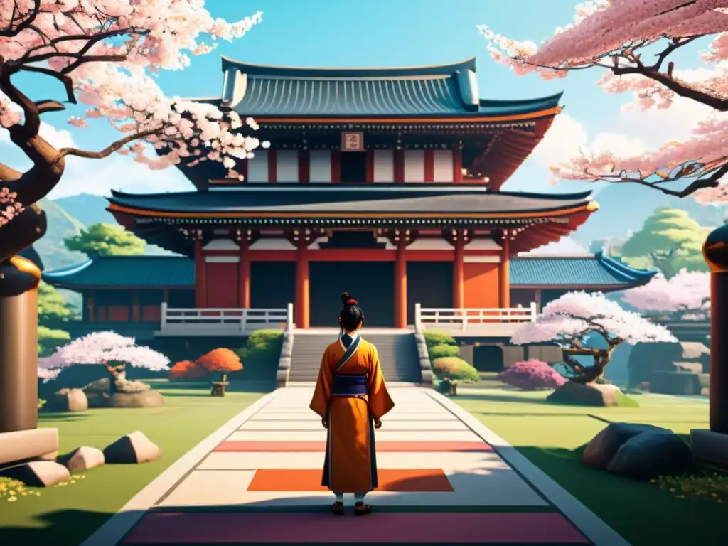 Escena detallada de paisaje digital sereno con arquitectura japonesa, cerezos en flor, meditación y artes marciales