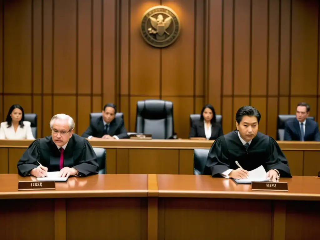 Una escena detallada de un tribunal, con jueces, abogados y el acusado