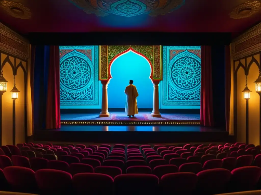 Escena de un documental sobre el Sufismo en el cine, con colores vibrantes y detalles intrincados, evocando una experiencia visual inmersiva