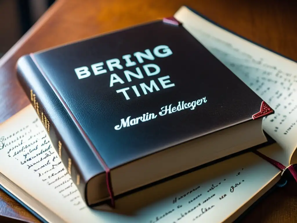 Libro antiguo de Martin Heidegger en escritorio rústico Una escena de estudio serena y reflexiva con un ejemplar desgastado de 'Ser y Tiempo' de Martin Heidegger, notas manuscritas, una pluma antigua y gafas, evocando la búsqueda del ser genuino Heidegger