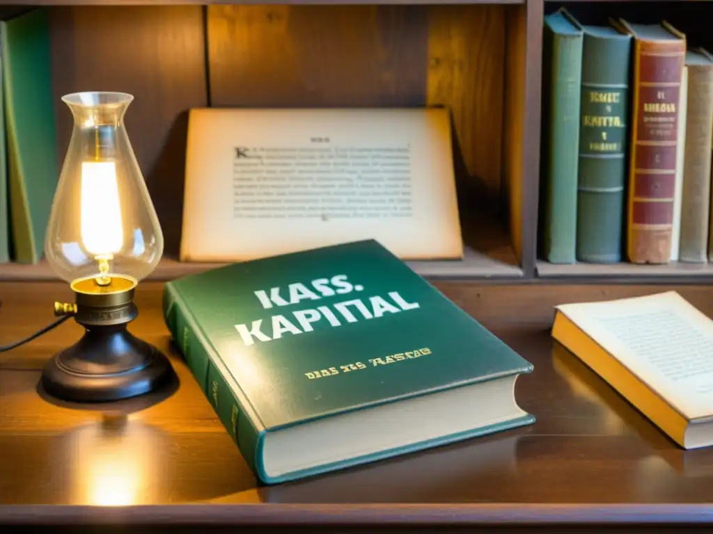 Una escena evocadora de estudio, con 'Das Kapital' de Karl Marx sobre un escritorio de madera, iluminado por una lámpara de aceite