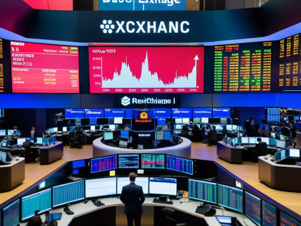 Escena frenética en la bolsa de valores con traders y pantallas mostrando datos financieros en tiempo real