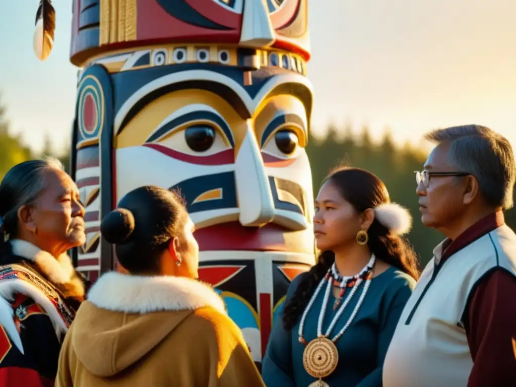 Escena con grupo aborigen alrededor de un tótem tallado