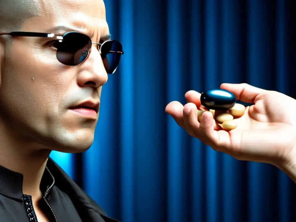 Escena icónica de The Matrix con Morfeo sosteniendo las píldoras, Neo reflexionando