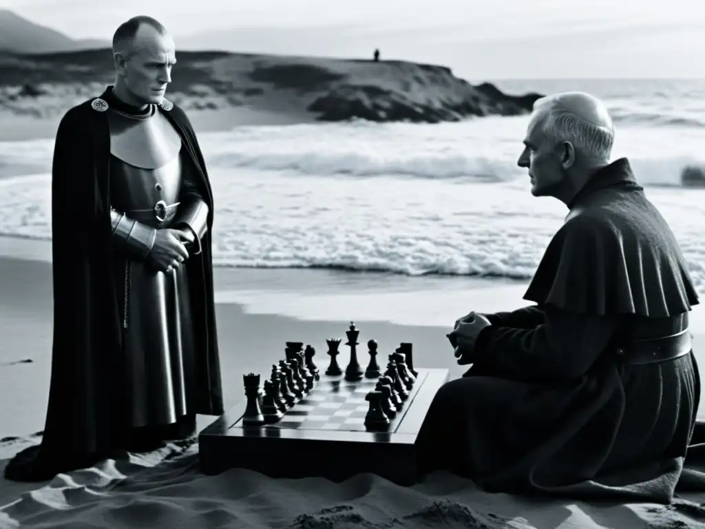 Escena icónica de la película 'El Séptimo Sello', con el caballero jugando ajedrez con la Muerte en la playa
