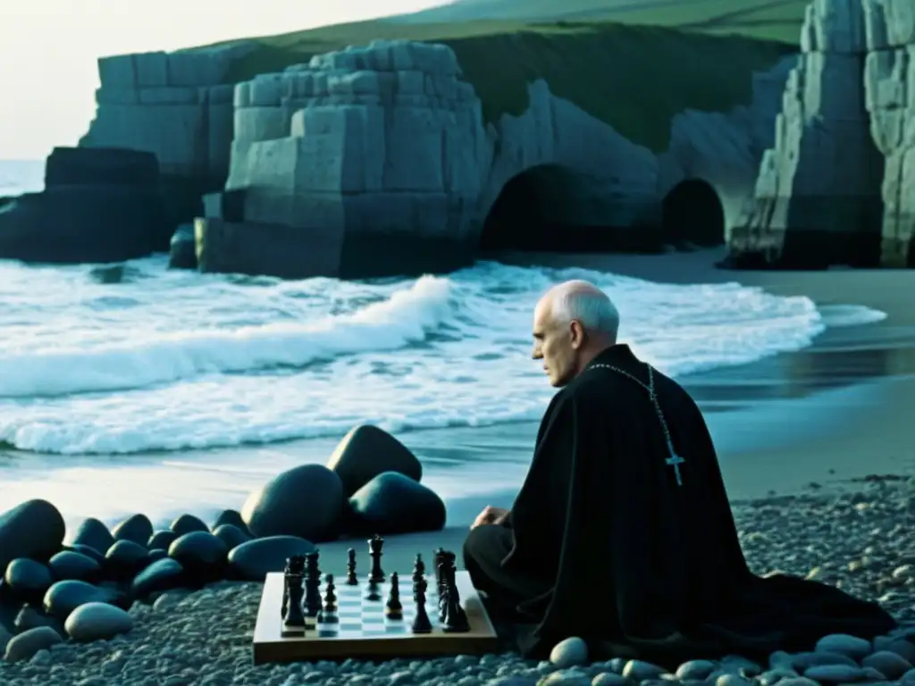 Escena icónica de 'El Séptimo Sello' con el caballero jugando ajedrez con la Muerte en la playa rocosa, reflejando la lucha existencial