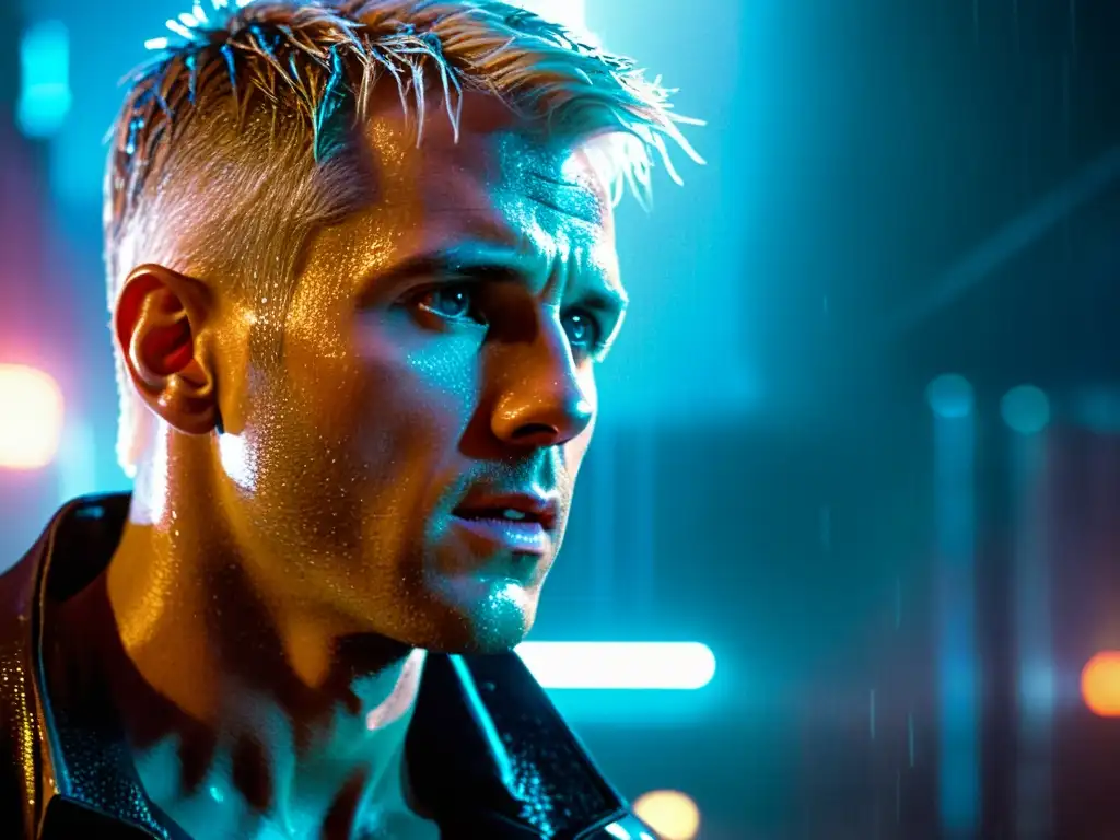 Escena icónica de 'Tears in Rain' de Blade Runner: reflexión filosófica en la ciudad futurista, capturando la profundidad emocional y la introspección