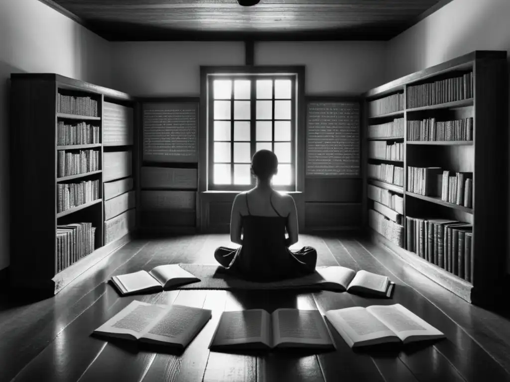 Escena de contemplación en habitación iluminada con libros antiguos