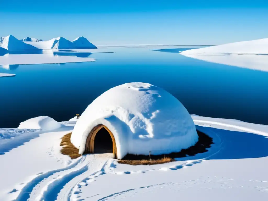Una escena de cosmovisión indígena en el clima Ártico: iglú tradicional y ancianos inuit disfrutando de la pesca en el hielo y la narrativa, en un paisaje nevado y cielo azul