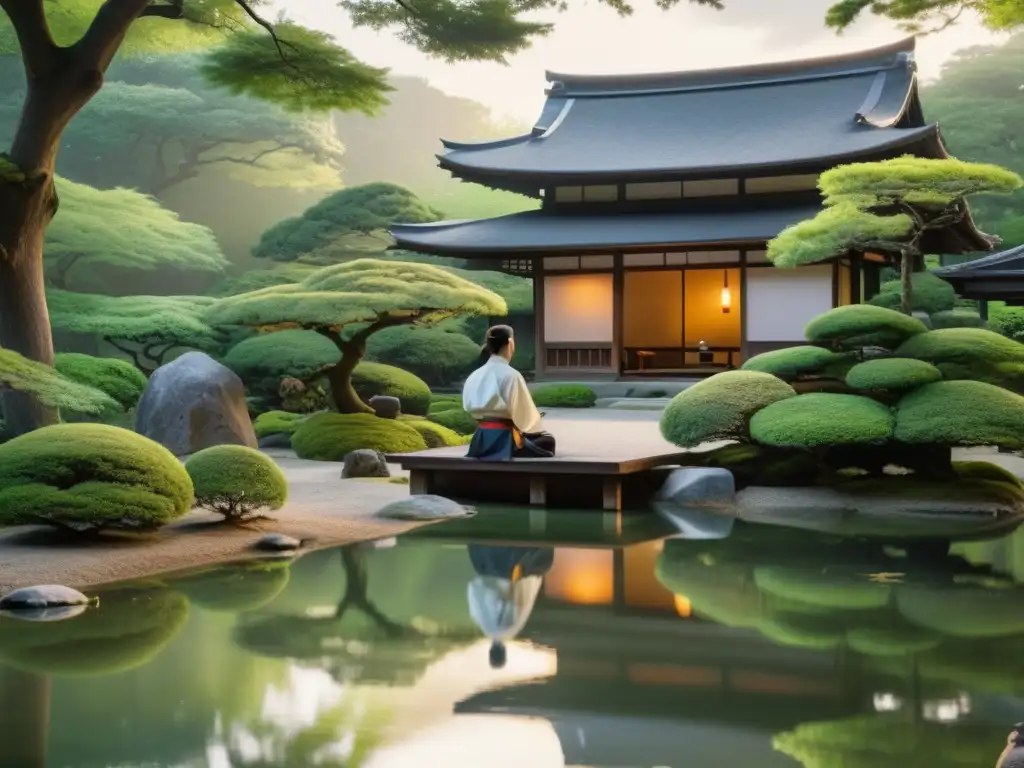 Jardín japonés sereno con samurái meditando al amanecer Escena de jardín japonés con samurái meditando junto a un estanque