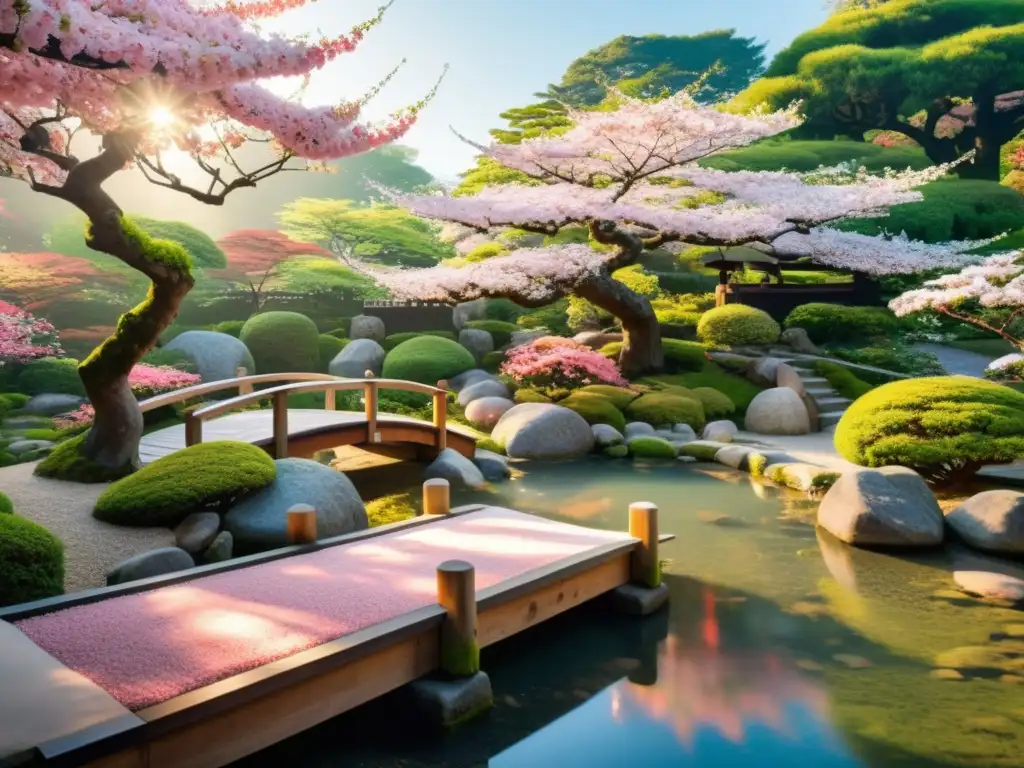 Una escena japonesa serena con jardín, puente de madera, cerezos en flor y figura meditando junto al estanque de peces koi