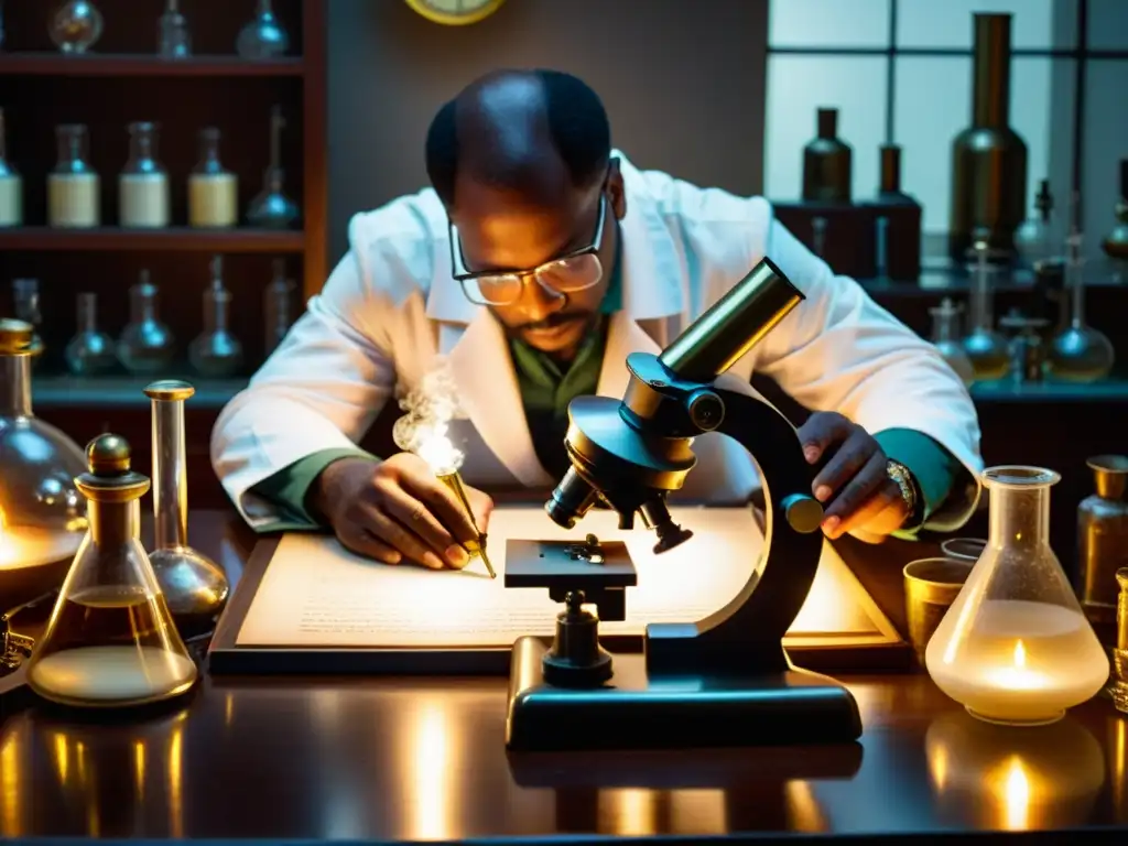 Escena de laboratorio vintage con instrumentos científicos, iluminada por luz de velas