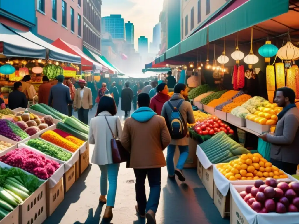 Escena de mercado urbano con diversidad de vendedores y clientes interactuando, mostrando la dinámica de la Economía Queer: sistemas alternativos consumo