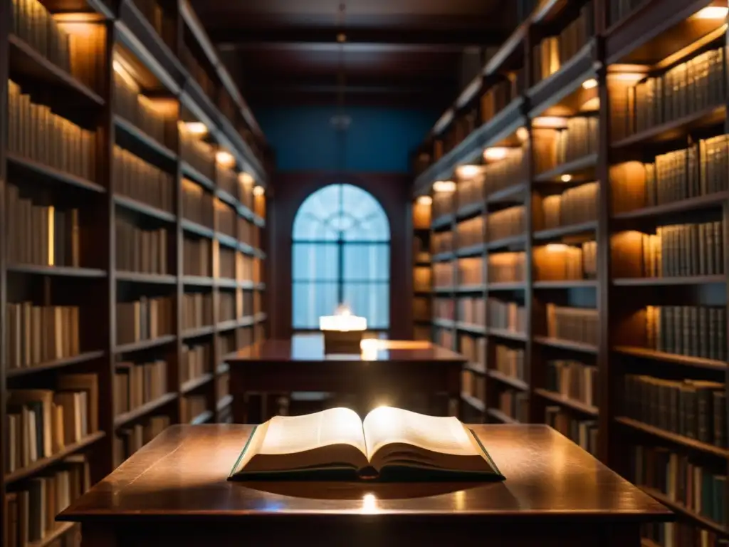 Escena mística en biblioteca, con libros antiguos y figuras absortas en pensamientos