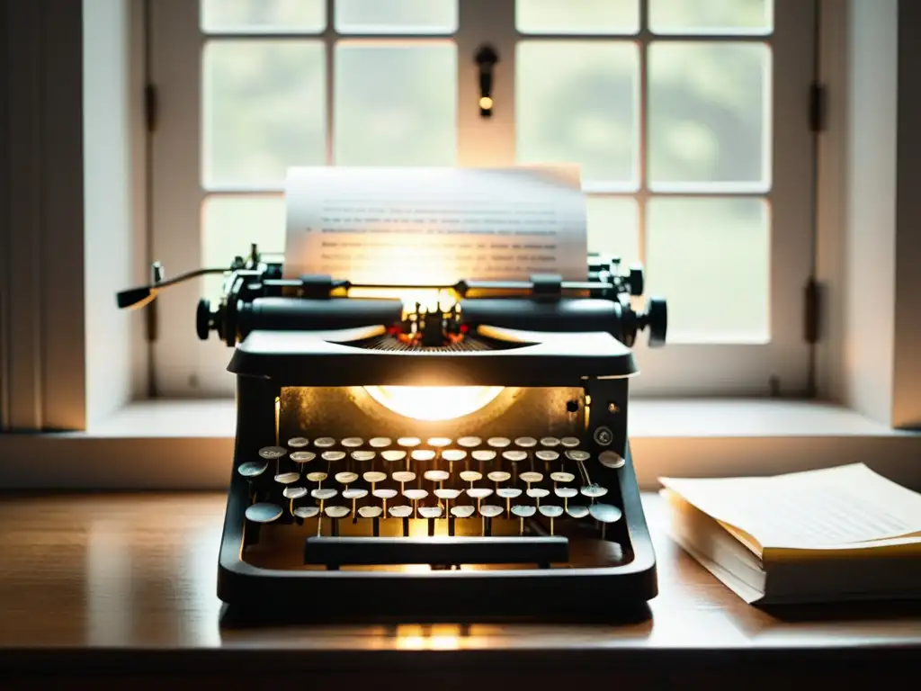Una escena nostálgica de un antiguo escritorio con una máquina de escribir y papeles, iluminada por la suave luz natural