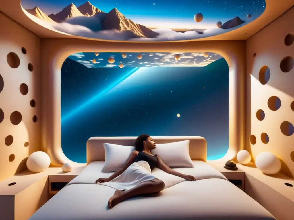 Una escena onírica con una persona acostada en una cama, rodeada de un paisaje surrealista y enigmático