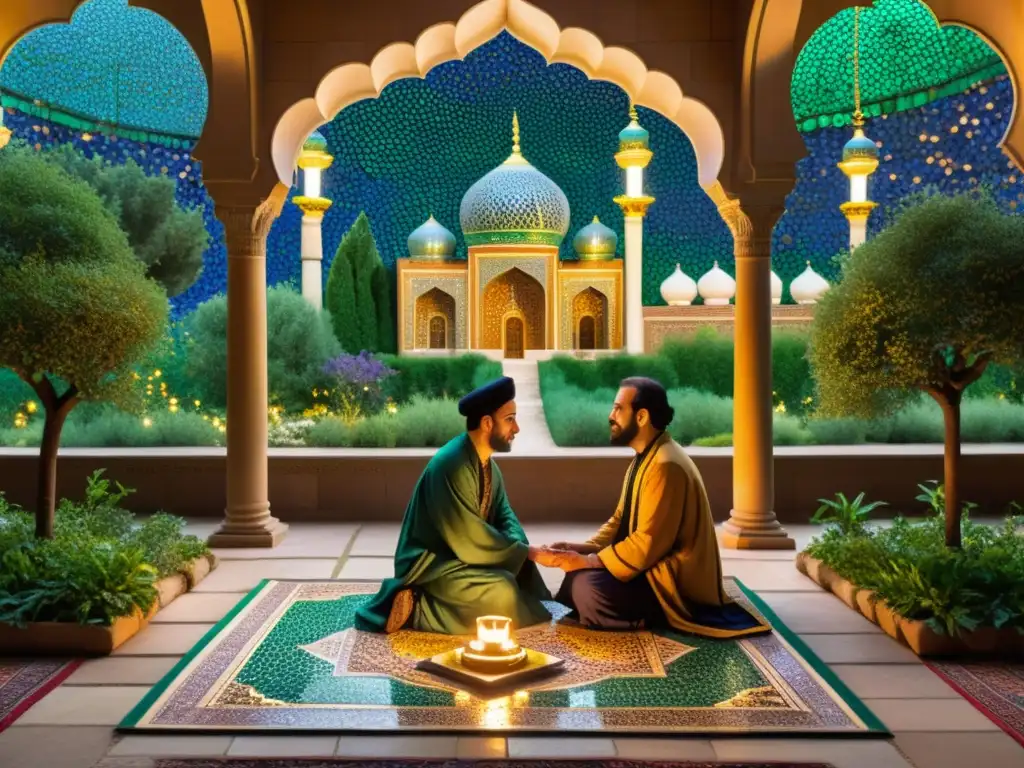 Escena persa con influencia de la filosofía islámica y la literatura, poetas y estudiosos en profunda discusión bajo la luz suave de lámparas, rodeados de exuberantes jardines y arquitectura detallada