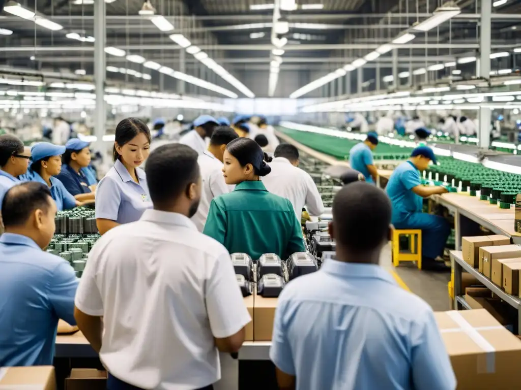 Una escena poderosa en una fábrica llena de trabajadores ensamblando productos, con un gerente conversando en segundo plano