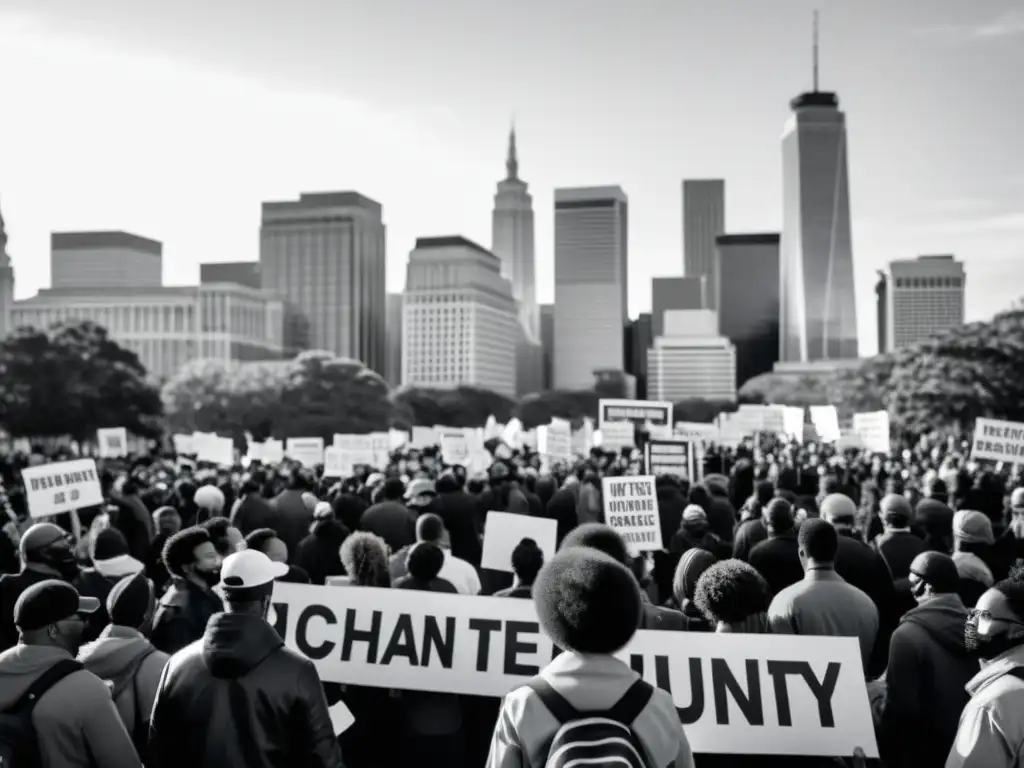 Una escena de protesta moderna en blanco y negro, con un grupo diverso de personas sosteniendo pancartas y abogando pacíficamente por el cambio