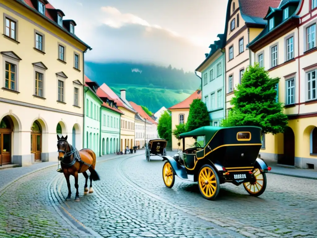 Escena romántica en Weimar, Alemania, con calles empedradas, edificios históricos y un carruaje