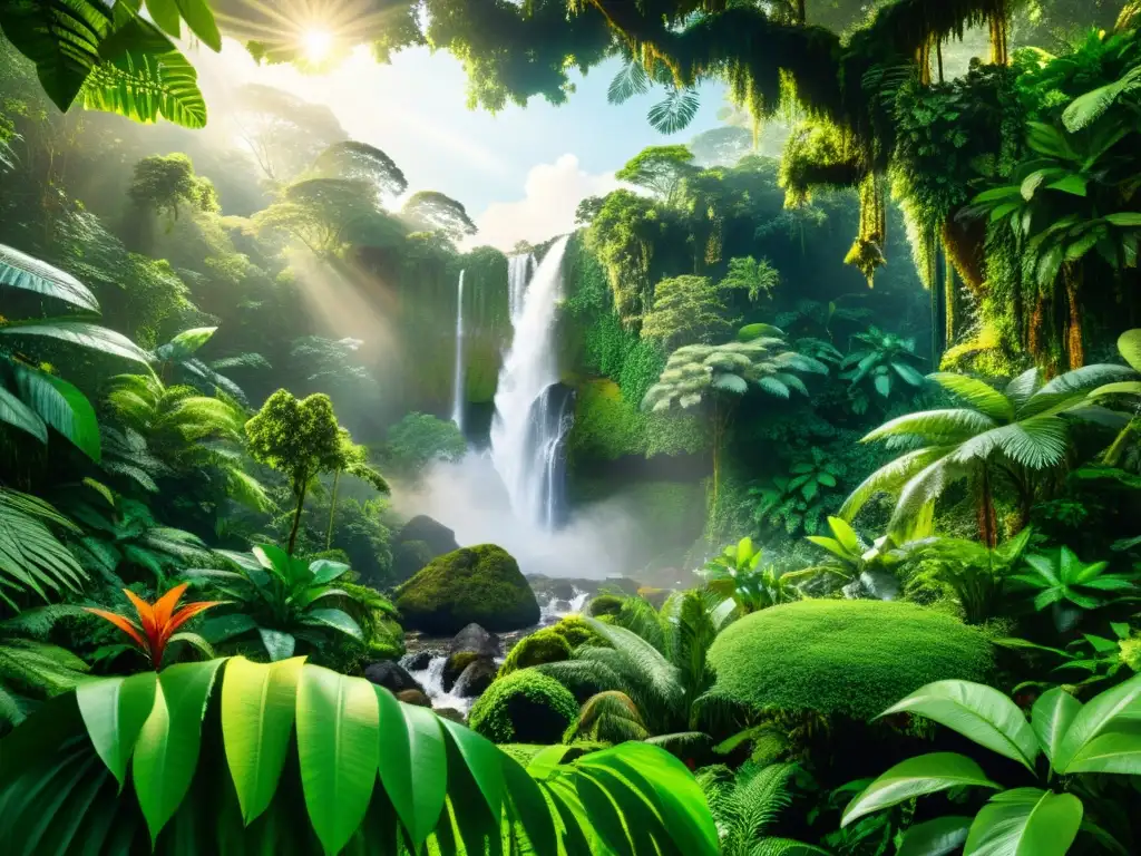 Escena de selva exuberante y vibrante, con luz filtrándose a través del dosel, destacando la diversa vida vegetal y animal