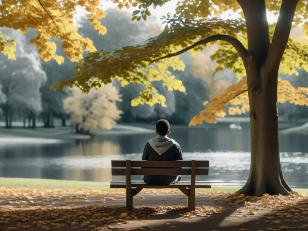 Una escena serena en blanco y negro: una persona solitaria en un banco del parque, rodeada de altos árboles con hojas de otoño cayendo suavemente