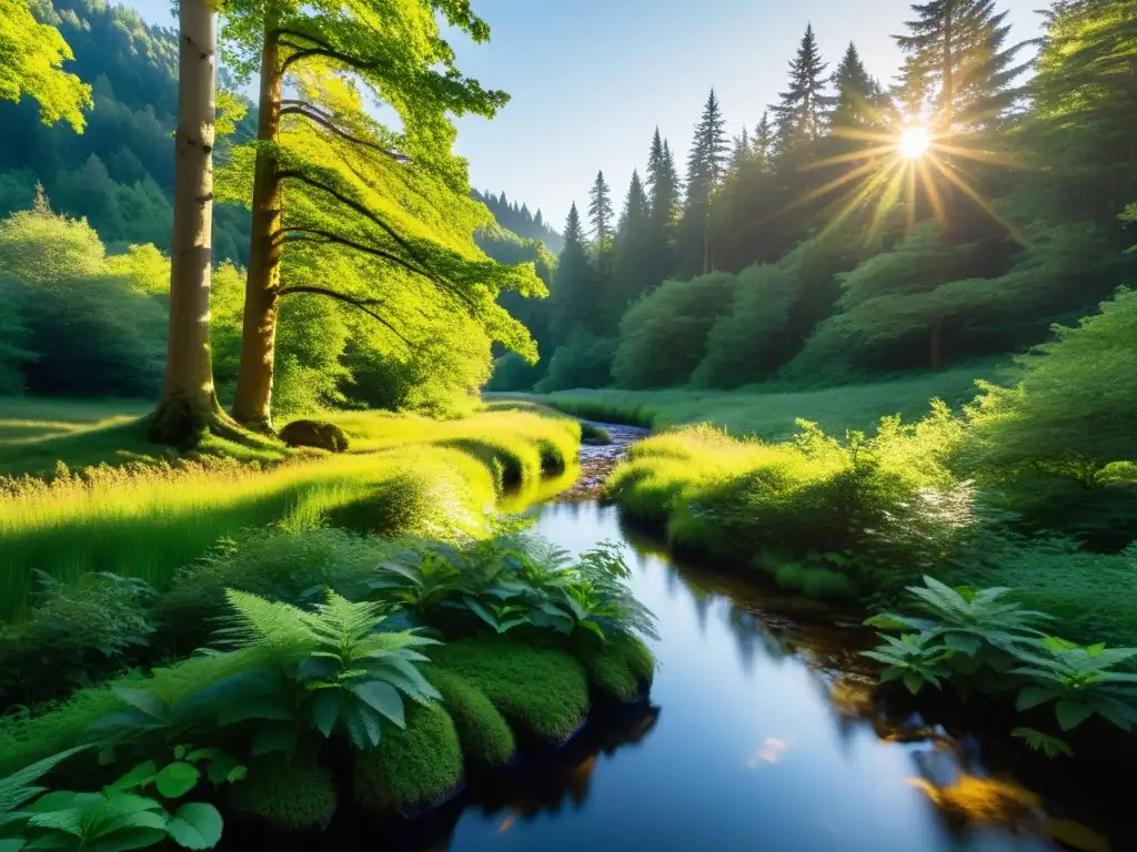 Una escena serena en el bosque con luz filtrada entre los árboles altos