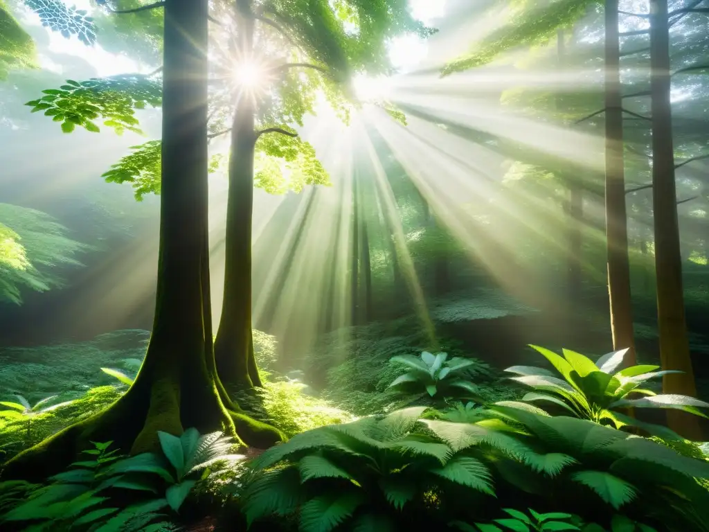 Escena serena en un bosque verde con luz solar filtrándose a través del dosel, creando una atmósfera tranquila y armónica que evoca los principios de ecología Sufi y una profunda conexión con la naturaleza