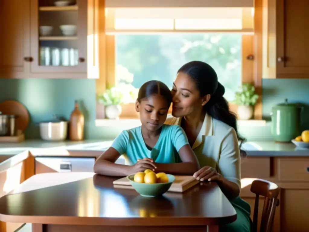 Una escena serena en la cocina, madre e hija conversan con amor