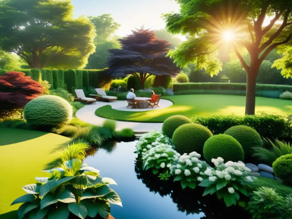 Una escena de jardín sereno con un grupo diverso inmerso en una conversación profunda, en un entorno idílico