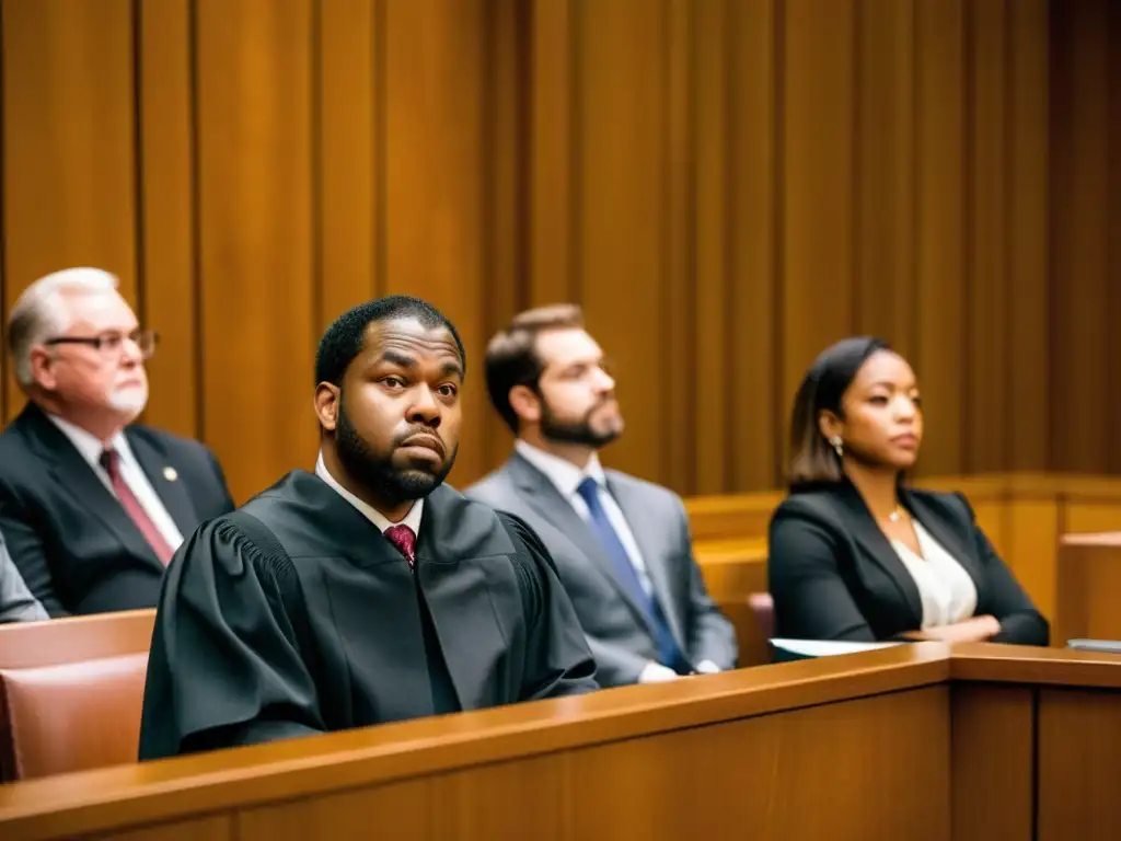 Una escena de tribunal con un juez y abogados, testigos y un variado grupo en el jurado