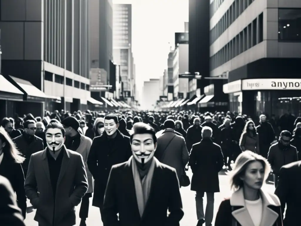 Escena urbana en blanco y negro, reflejando la filosofía existencialista y la libertad humana entre la multitud